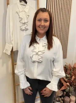 Costa Mani Frill Hvid Bluse M/Army Kant